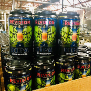 photo of six packs of revision brewing dipa doubled up ipa beer inside the revision brewery in reno, nevada