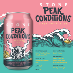 product info sheet for stone brewing peak conditions hazy double ipa including style characteristics, alcohol by volume, hop varieties and other product info